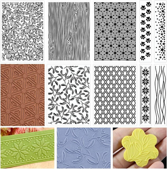 Embossing Folders Clay Stamps for Polymer Clay Earrings Making Embossing Tool Geometric Textured Flower Pottery Stamps Polymer Clay Roller Clay Texture Sheets (9PCS)