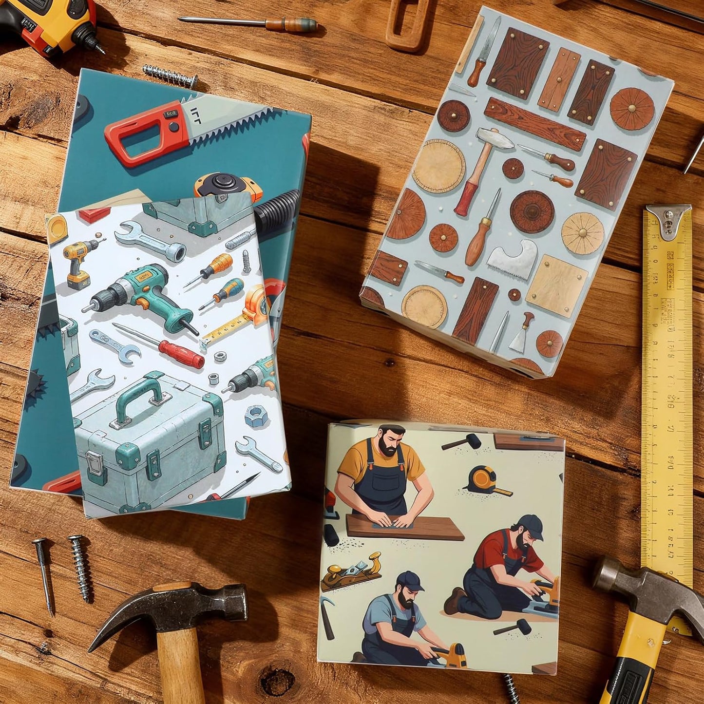 Pineraap 12 Sheets Carpenter Wrapping Paper, Woodworking Tools & Craftsman Printed Gift Wrap Decorative Craft Paper for DIY Projects, Birthdays, Father's Day, or Handyman Celebrations, 20 x 28 inch