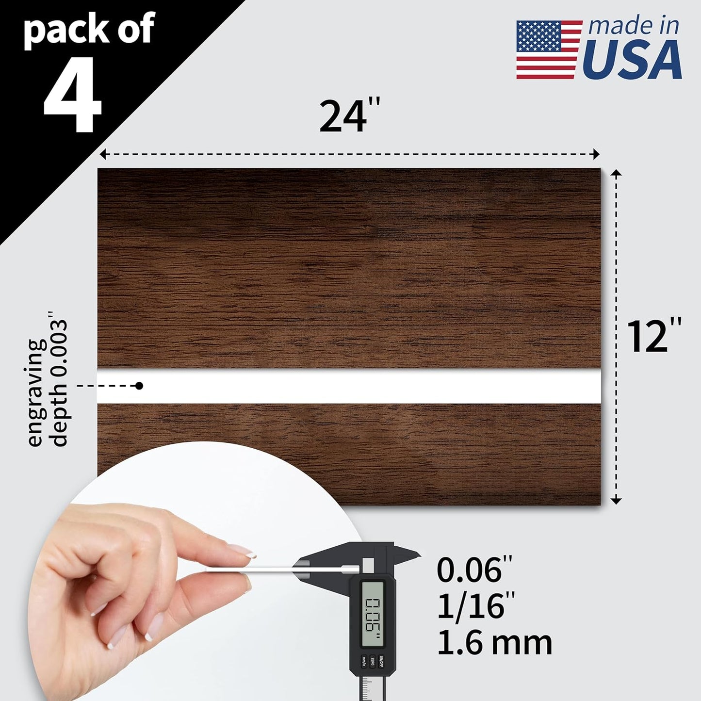 Trotec TroLase | 12"x24"x1/16", 4 Pcs | English Walnut/White | 2 Ply | Modified Acrylic | Laser Engraving Double Color Plastic Sheet | Engraving Blanks for Laser, Saw, Guillotine | Made in USA