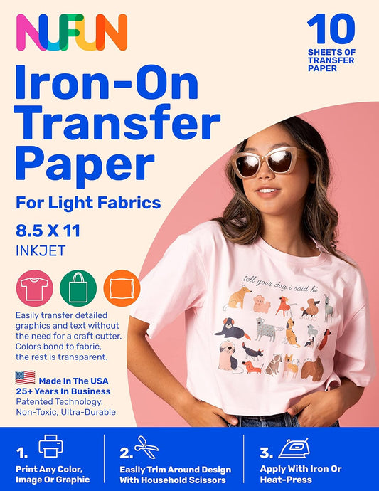 NuFun Activities Ink Jet Printable Iron-on Heat Transfer Paper for T Shirts, Light Fabrics, 10 Sheets 8.5 x 11 inch, Long Lasting, Durable, Professional Quality, Easy DIY, Non-Toxic, Made in The USA