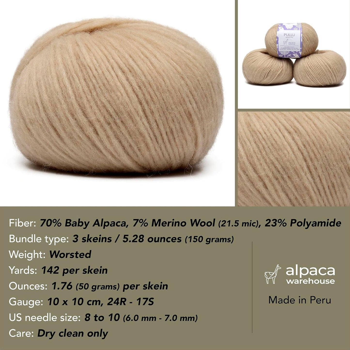 Pullu - Baby Alpaca Merino Wool Yarn Set of 3 Skeins (150 Grams) Worsted Weight - Sourced Directly from Peru - Heavenly Soft and Perfect for Knitting and Crocheting (Almond Latte)