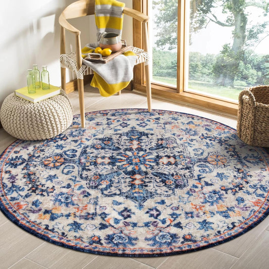 Lahome Round Rug 4ft, Washable Bathroom Rug Non Slip Entryway Circle Mat, Bohemian Vintage Non-Slip Non-Shedding Low Pile Printed Indoor Carpet for Kitchen Laundry Entryway, Blue Purple/Multi