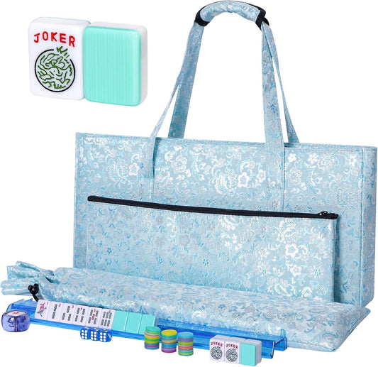 American Mahjong Game Set, 166 Light Green Tiles, Blue Bag with Entire Accessories, 4 All-in-One Rack/Pushers, Mahjong Tiles Set