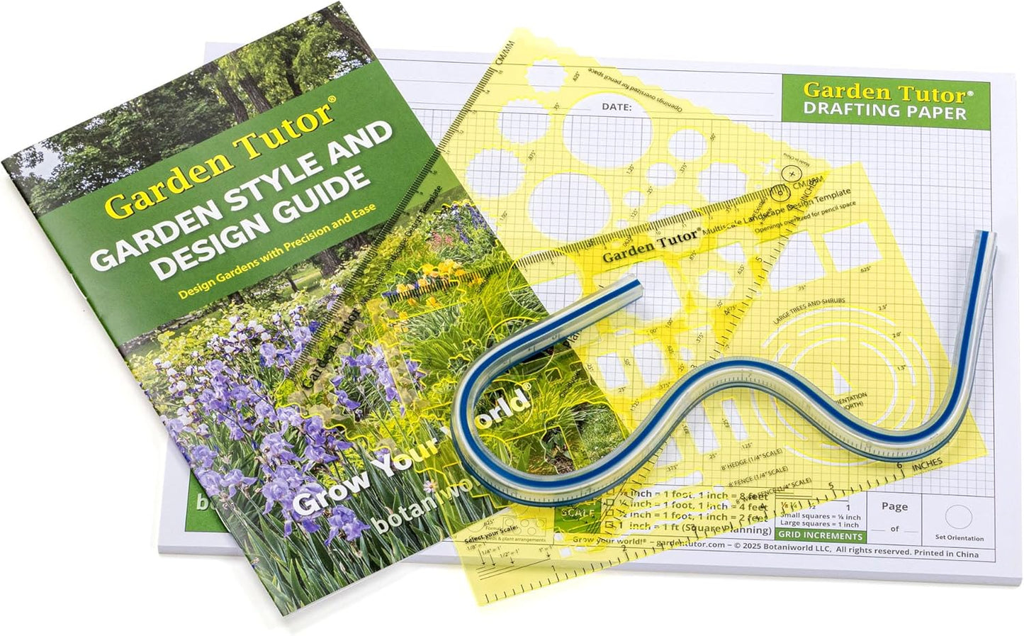 Garden Tutor Multiscale Garden & Landscape Design Kit – 2 Translucent Yellow Design Stencils, 12-Inch Flexible Curve Ruler, 40-Sheet Multi-Scale Graph Paper & Garden Design Guide