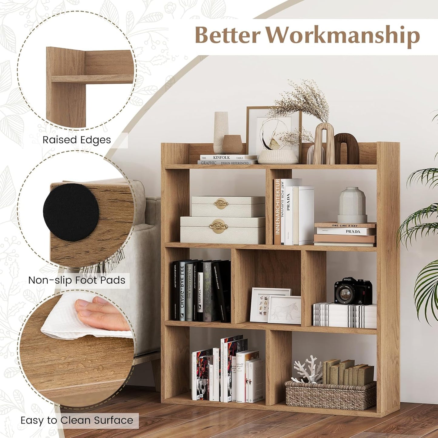 Giantex 7 Cubes Bookshelf, Free-Standing Wooden Bookcase, 4 Tier Home Display Shelf, Horizontal Storage Unit w/Anti-Toppling Devices, Open-Back Display Rack for Study, Living Room (1, Natural)