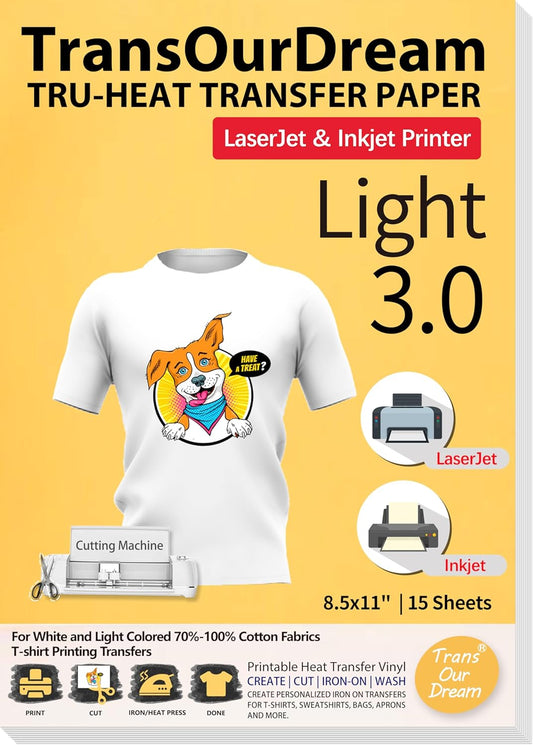TransOurDream Tru-Heat Transfer Paper for T Shirts (Light 3.0, 15 Sheets, 8.5x11") Printable HTV Heat Transfer Vinyl for Inkjet & Laser Printer Iron on Transfers for Light Fabrics (TRANS-L3-15-3)