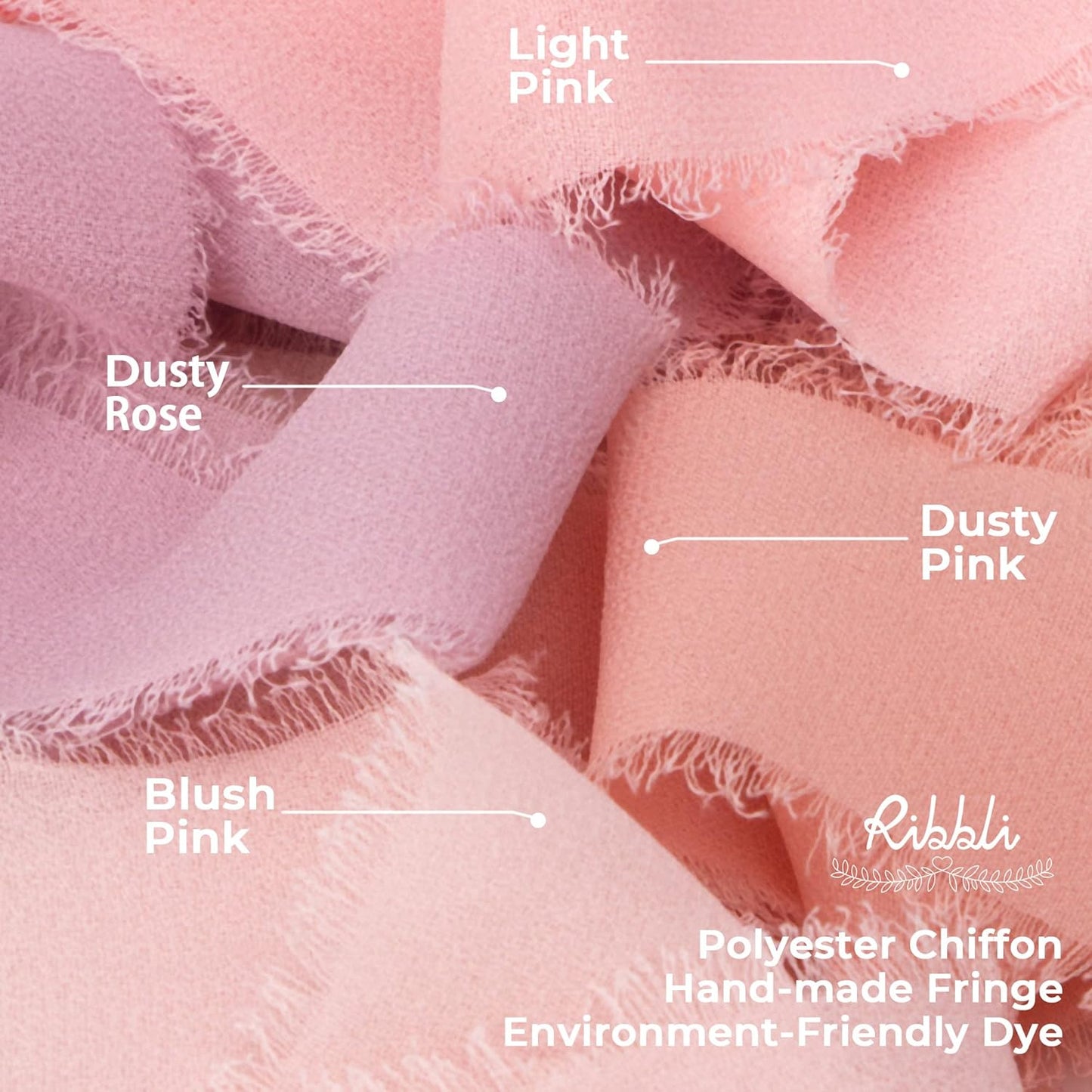 Ribbli Blush Pink Chiffon Ribbon 1-1/2 inch x 20 Yard Handmade Fringe Chiffon Silk Ribbon for Wedding Invitations, Bridal Bouquets Wrapping, Flower Arrangement Decoration