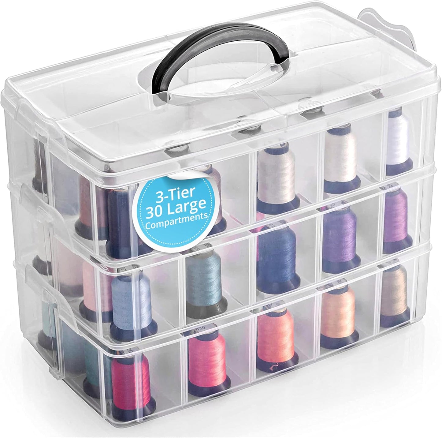 Bins & Things 3-Tier Stackable Storage Container - 30 Adjustable Slots Thread and Bead Organizer - Craft Box for Spools, Bobbins, Jewelry, Sewing, Art Supplies - Large, Clear