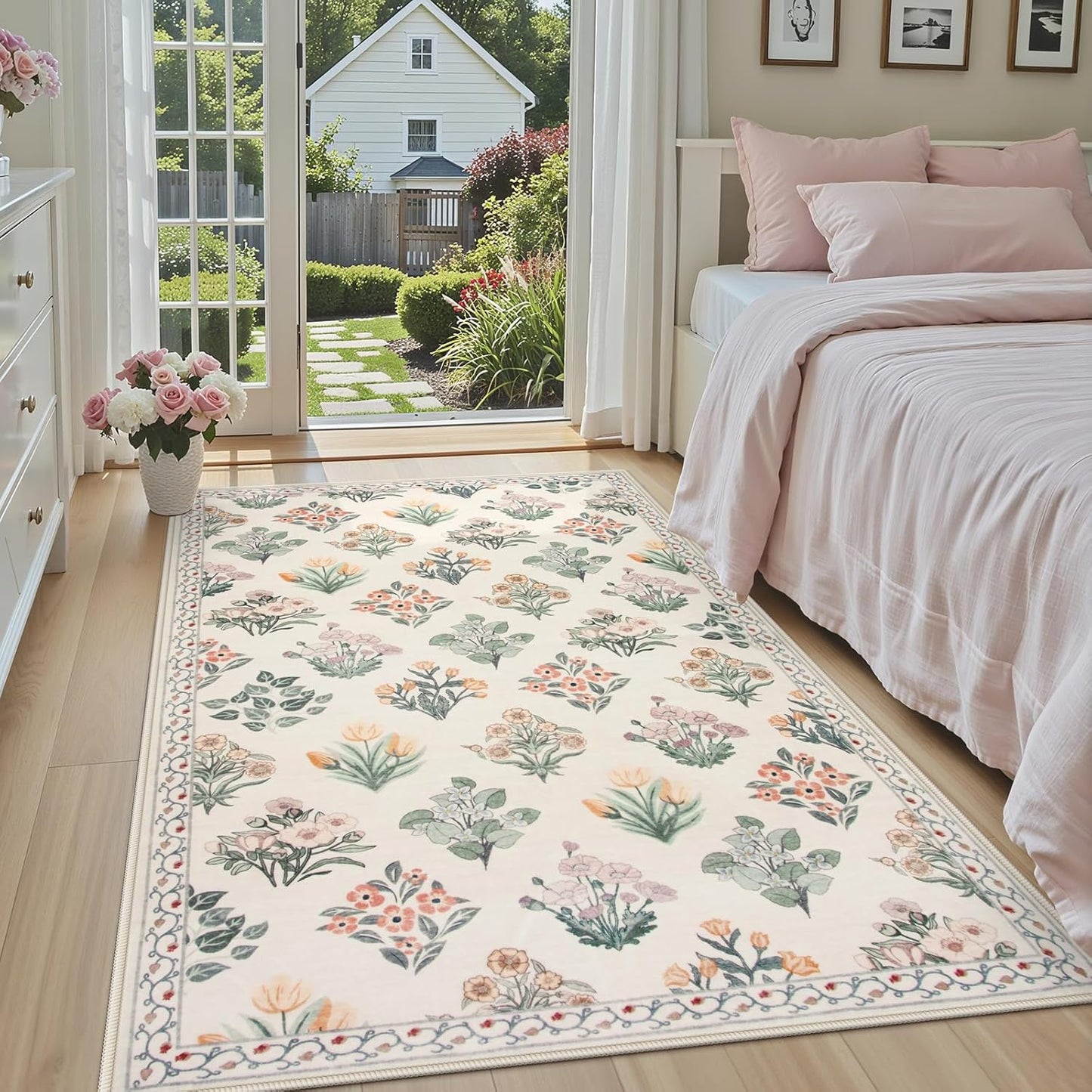 Wonnitar Floral Machine Washable 3x5 Rug, Small Area Rug for Kids Bedroom Nursery, Ultra-Thin Non Slip Soft Moroccan Throw Carpet for Dorm Living Room Large Entryway, Cream Beige