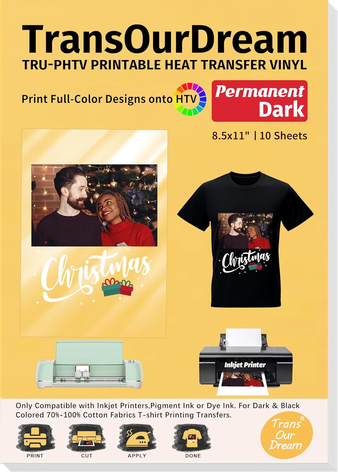 TransOurDream Tru-PHTV Printable Heat Transfer Vinyl for T Shirts (10 Sheets, 8.5x11) Full-Color Iron on Vinyl for Inkjet Printer Easy to Cut & Weed DIY Design