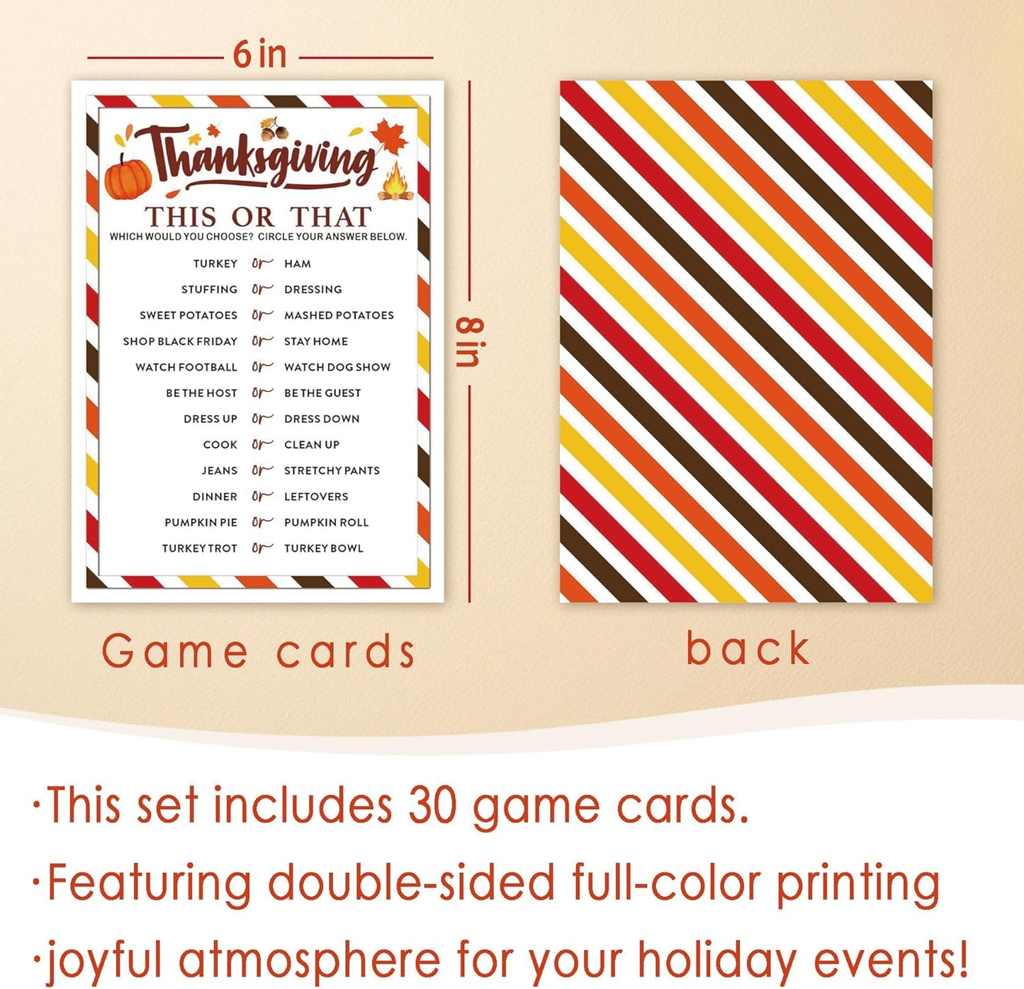 Thanksgiving Party Icebreaker Games Cards - Thanksgiving This or That Game Cards for 30 Guests, Turkey Dinner Party Activity for Teens Adults Party Favor and Supplies, 5 x 7 inches
