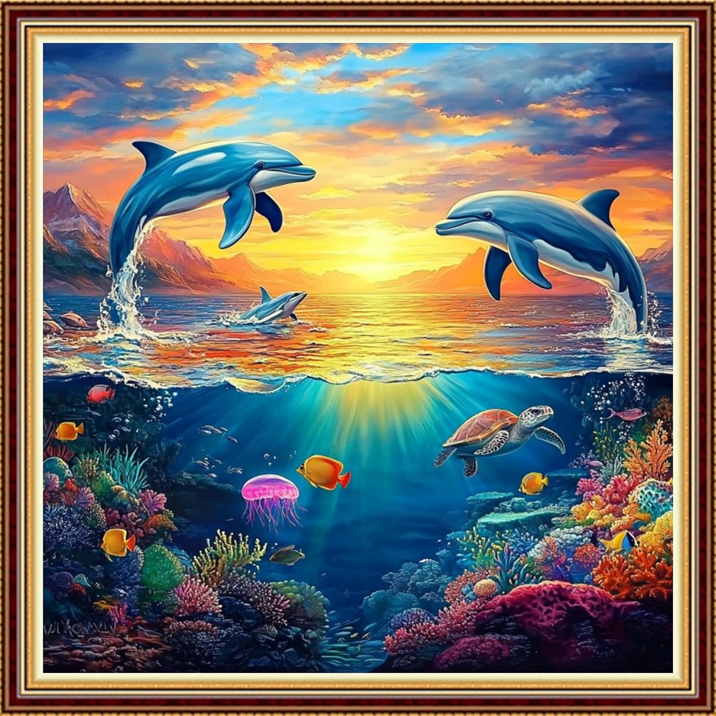 Hopeart Stamped Cross Stitch Kits for Beginner Embroidery Kits for Beginners Adults DIY 11CT Cross Stitch Patterns Needlepoint Kits Crossstitching Kits-Sunrise Dolphin 18x18 inch