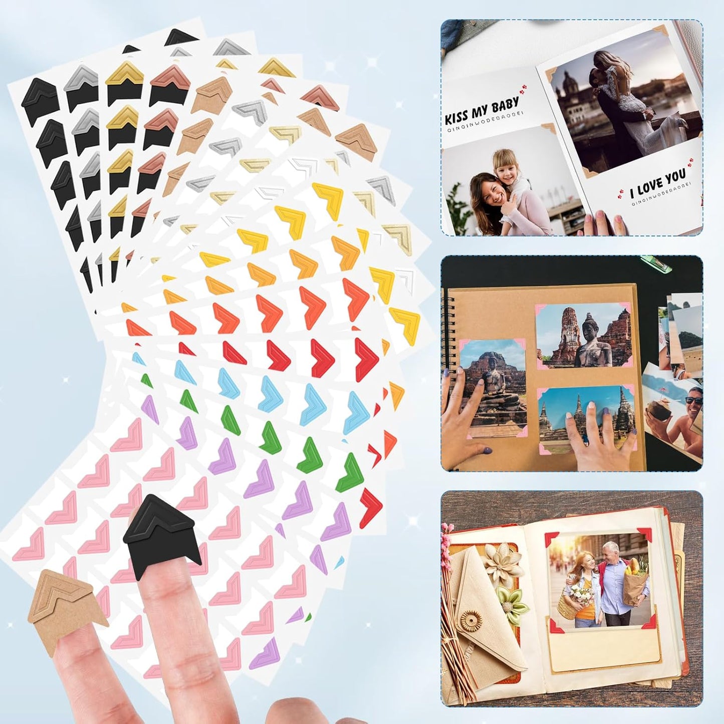 GOONAVI 15 Sheets 360 PCS Multicolor Acid-Free Photo Corners Notebook, Self-Adhesive Photo Corners for DIY Photo Album Journal, Photo Corner Stickers for Trip Journal Memory Book