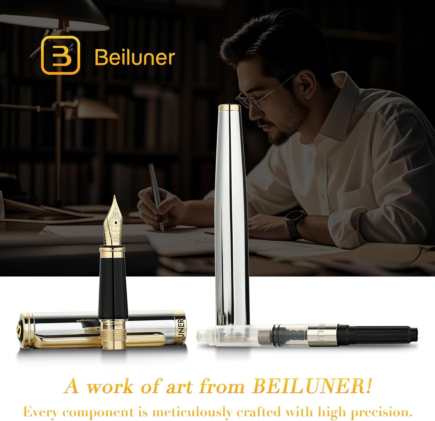 BEILUNER Silver Chrome Fountain Pen,Stunning Luxury with 24K Gold Accents, Gorgeous 24K Gilded Nib(Fine), Trustworthy Pen Gift for Men&Women -Ink Converter-Elegant, Graduation,Nice Pen for Writing