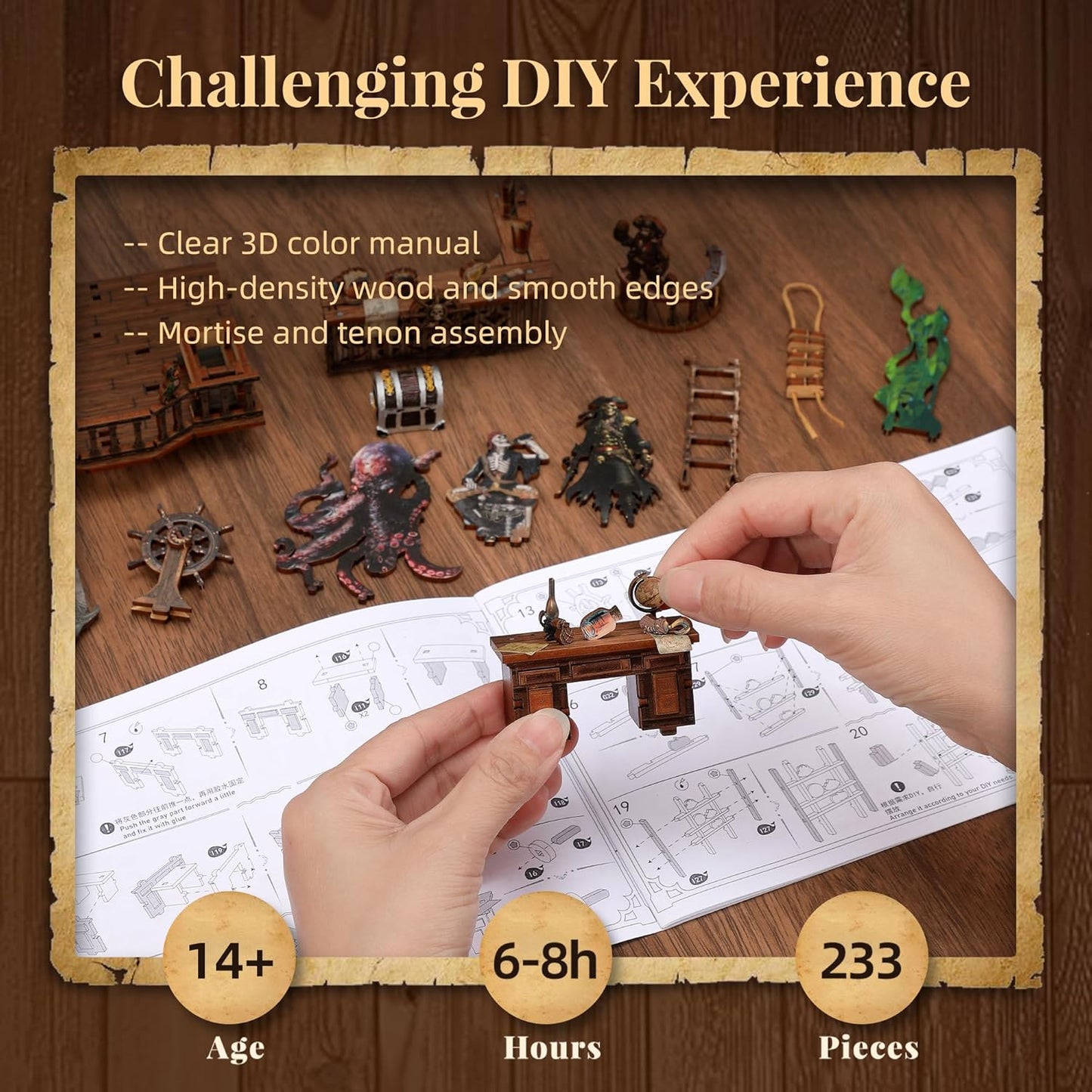 3D Wood Puzzle Book Nook Kit, Pirate Bookshelf Insert with LED Lights, DIY Pirate Miniature Bookend Décor for Display, Unique Craft Gift for Adults and Teens (New World)