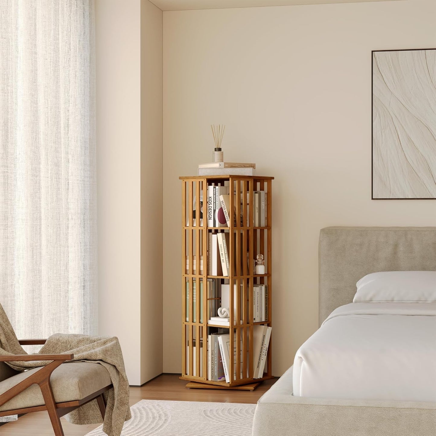 YOWOS Rotating Bookshelf Tower, 360 Display Spinning Bookcase, Bamboo Bookshelf Floor Standing Storage Rack, Wood Narrow Book Shelf Organizer for Kids&Adults (Walnut, 4 Tier)