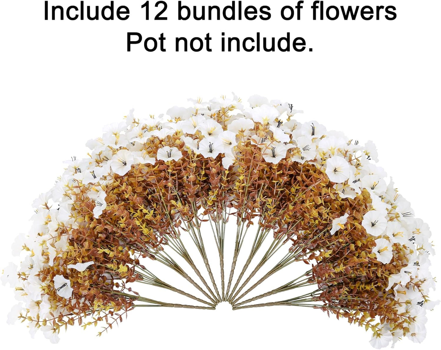 Fake Mums Fall Artificial Flowers Plants for Outdoors Autumn Decoration, 12 Bundles White Silk Morning Glory with Eucalyptus Realistic UV Resistant Faux Flowers for Outside Planter Yard Garden Porch