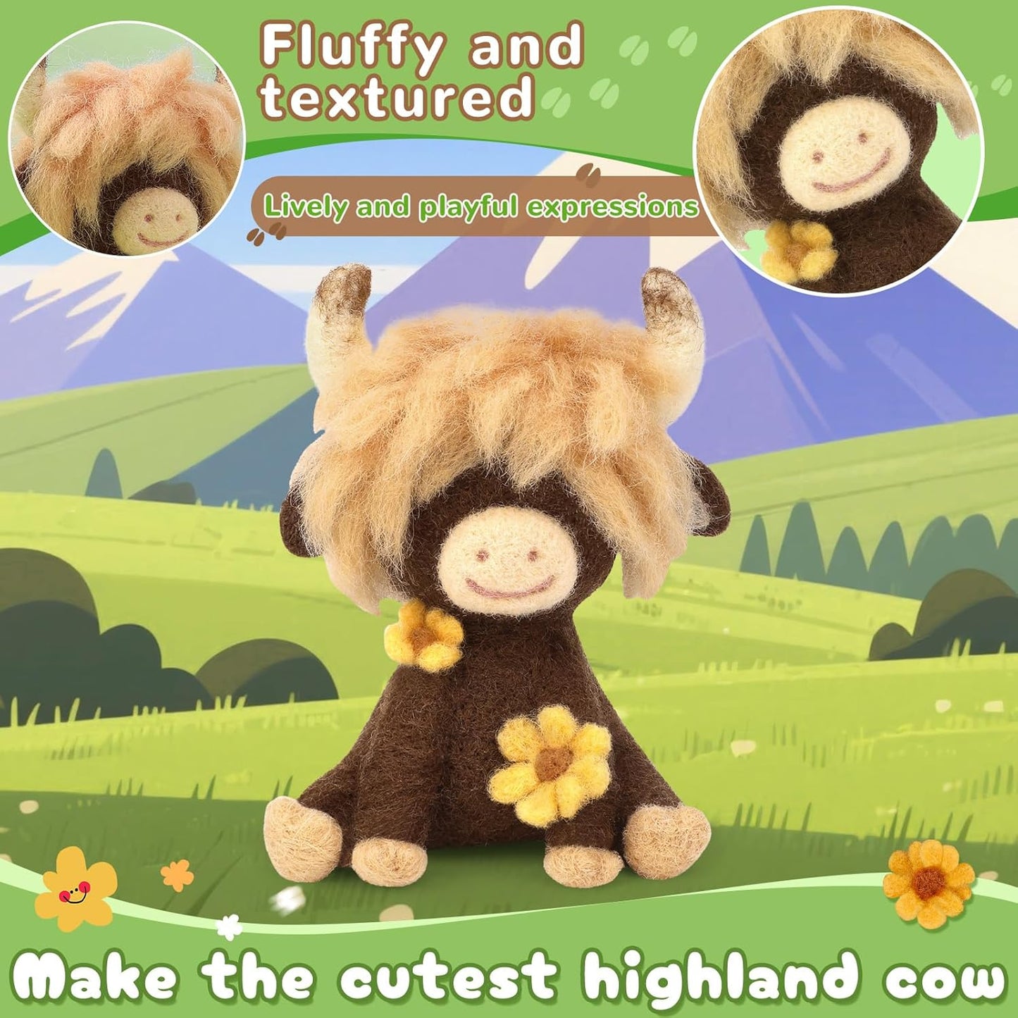Yizzvb Needle Felting Kit, Highland Cow Needle Felt Beginner Kits with Instruction, Wool, Felting Needles, Felting Pad, Wool Felting Kit for Beginners Home Decoration