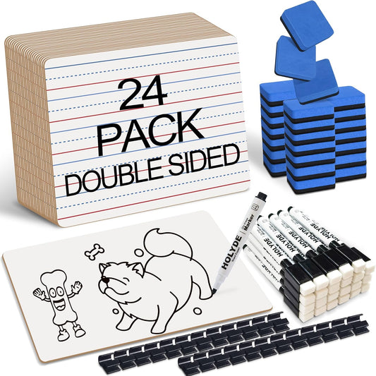 Set of 24 Dry Erase Boards, Double Sided Small Whiteboards with Lines for Kids, Students, Teacher & Classroom Pack, 9"x12" Mini Individual White Boards Lined for Writing with 24 Makers, 24 Erasers