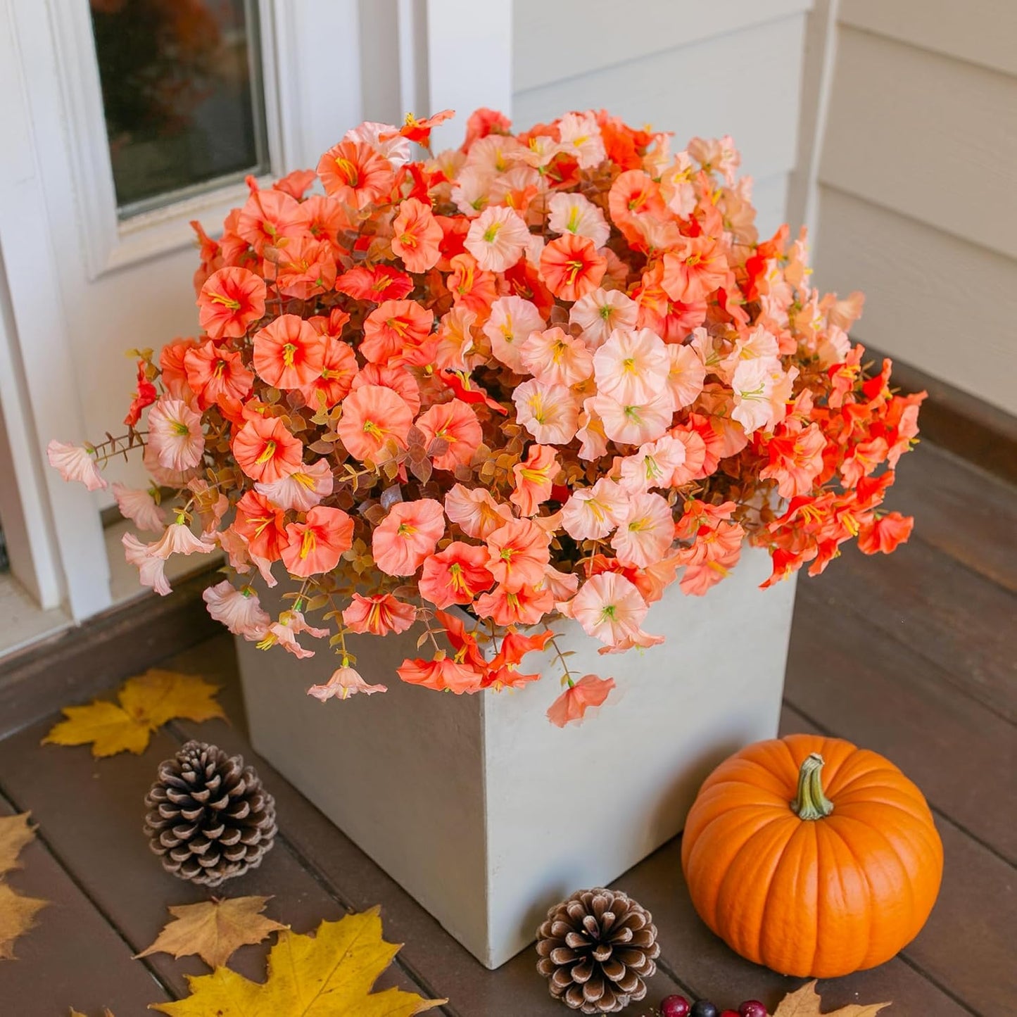 Fake Mums Fall Artificial Flowers Plants for Outdoors Autumn Decoration, 12 Bundles Silk Morning Glory with Eucalyptus Realistic UV Resistant Faux Mums for Outside Planter Yard Garden Home Indoor, Mix