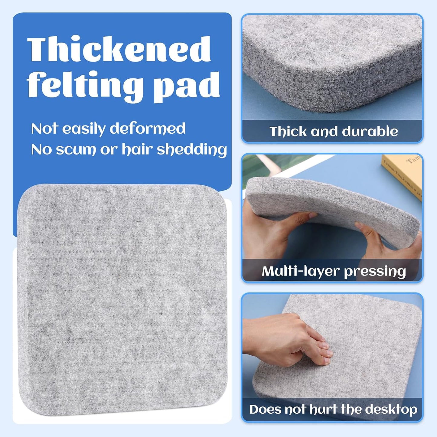 WONVOC Needle Felting Mat, Needle Felting Tools, 10''x10''x1'' Natural Felting Wool Pad, Needle Felting Supplies, with Finger Cots and 30 Straight Pins, Felt Pad for Making Felting Crafts