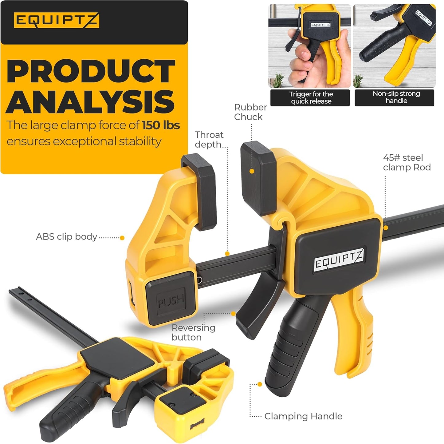 12 inch Bar Clamps for Woodworking – 2 Pack Quick Grip Clamps Set with 150 lbs Force – Wood Clamps for Gluing, Carpentry, DIY, and Metalworking (12 inch Size, 2 Pack)