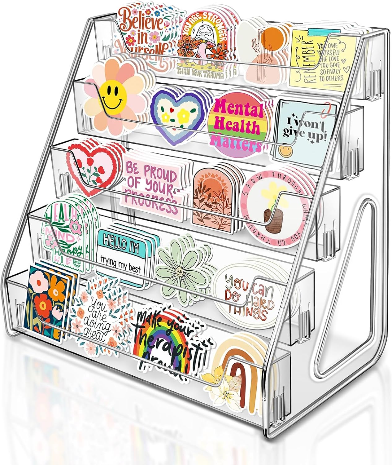 Tall 5-Tier Acrylic Card Display Stand for Greeting Cards, Sports Cards, Postcards, Stickers & Brochures, Easy Snap-On Sticker Display Rack