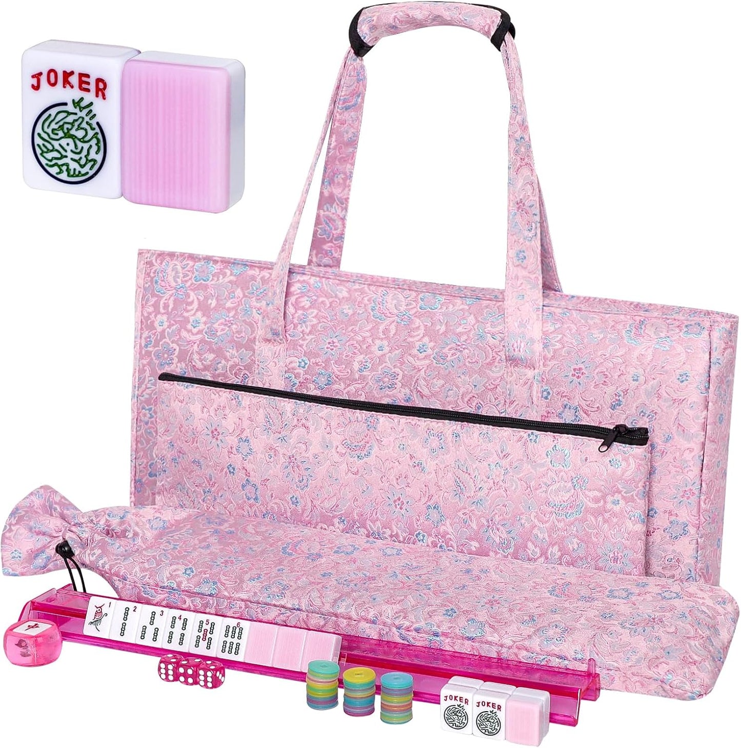 American Mahjong Game Set, 166 Pink Tiles, Pink Bag and Entire Accessories, 4 All-in-One Rack/Pushers, Mahjong Tiles Set