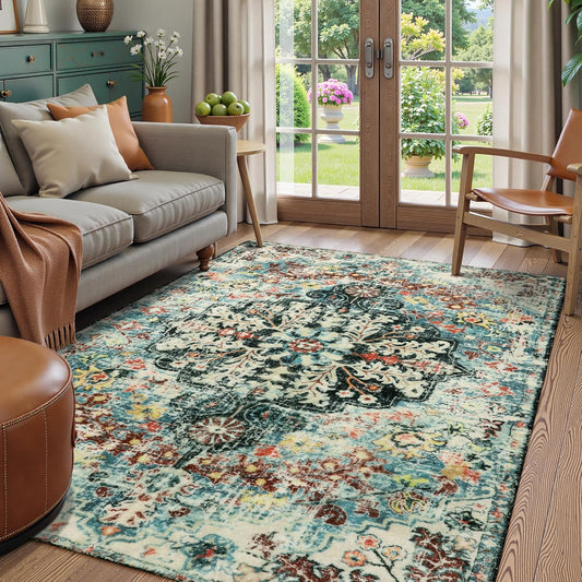 Lahome Bohemian Floral Medallion Area Rug - 5x7 Teal Large Washable Rugs for Living Room Soft Rugs for Bedroom, Turkish Non Slip Indoor Throw Carpet for Apartment Dining Room Entry Way