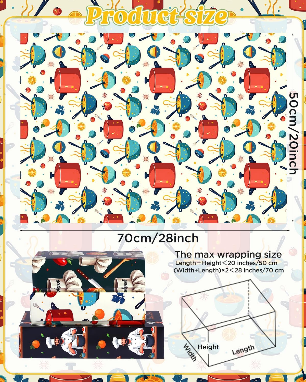 Pineraap 12 Sheets Chef Cooking Wrapping Paper, Vegetable Cooking Theme Gift Wrap Paper for Baker, Tomato, Chef Design Folded Flat Art Paper for Birthday, Kitchen Gifts, DIY Crafts, 19.7 x 27.6 Inch