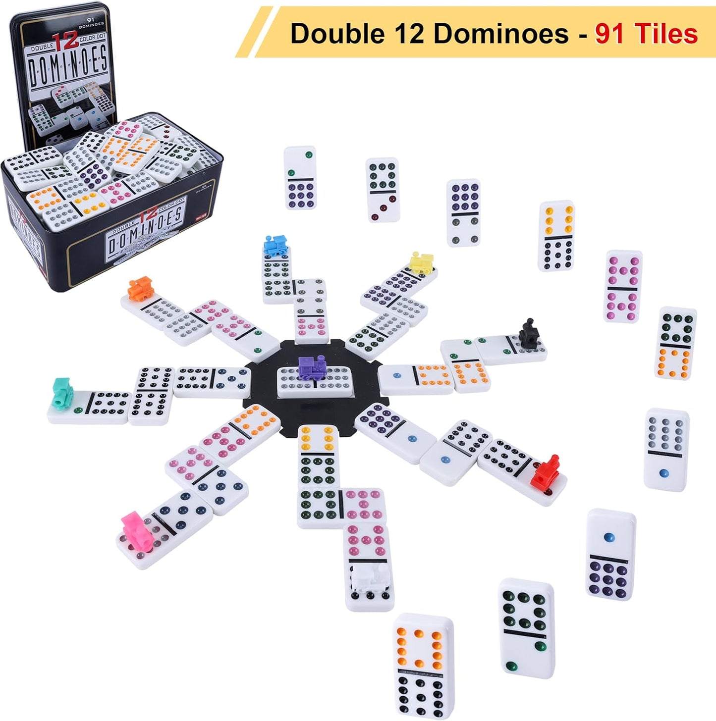 Double 12 Mexican Train Dominoes Set for Adults with 8PCS Wooden Holders, 9 Train Markers, 91 Color Dot Tile Dominos in Tin Box & Hub - Classic Family Board Game Set Party Toy Gift for Kids