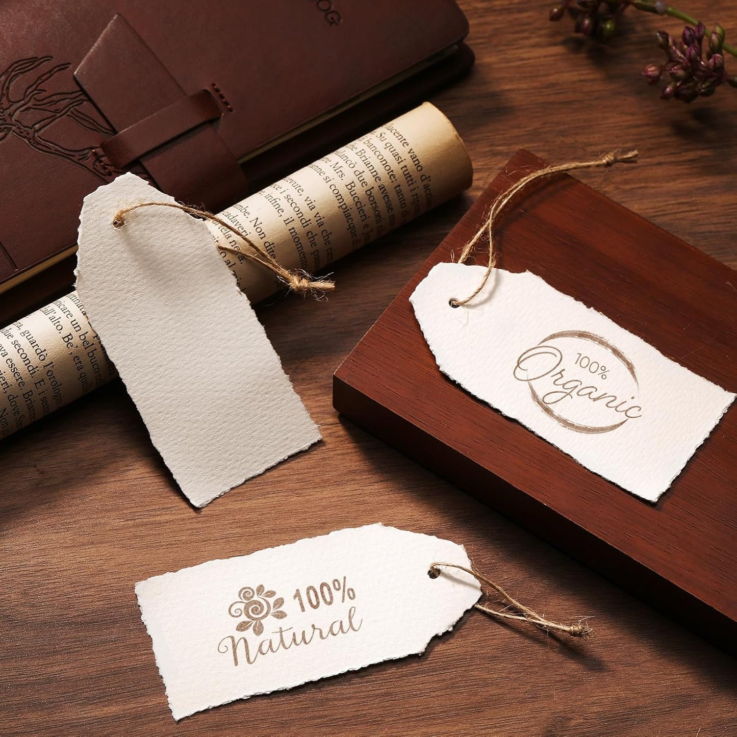 50 Pack Handmade Vintage Deckle Edge Tags with String 3.75 x 1.75 Thick 160 GSM Cotton Gift Tags with String Attached for Name Cards Place Cards Arts Crafts Gift(Vintage Beige)