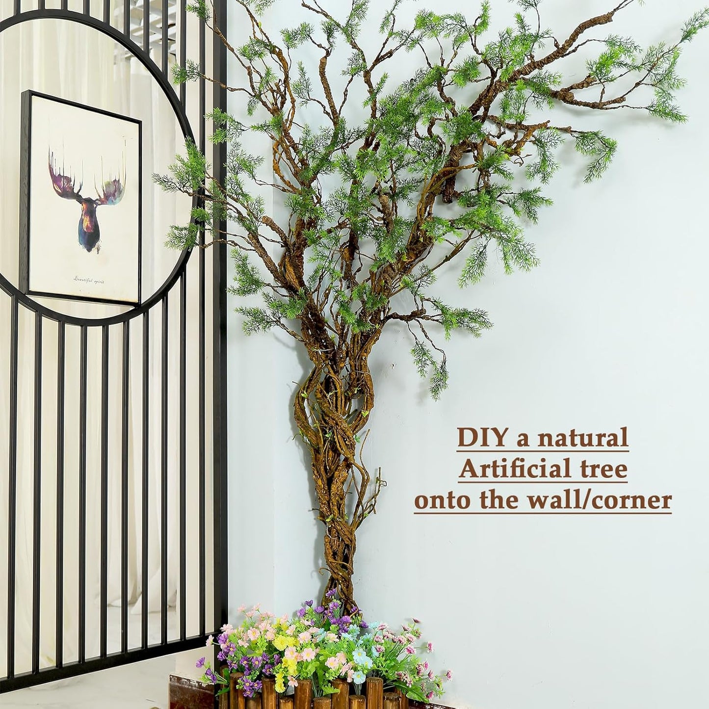 39.3in Bendable Artificial Pine Tree Bark Branches Trunk Fake Wood Root Twigs Plants Vines Garland With Green Leaf For Wall Hanging Reptile Outdoor Home Room Jungle Halloween X'mas Decoration