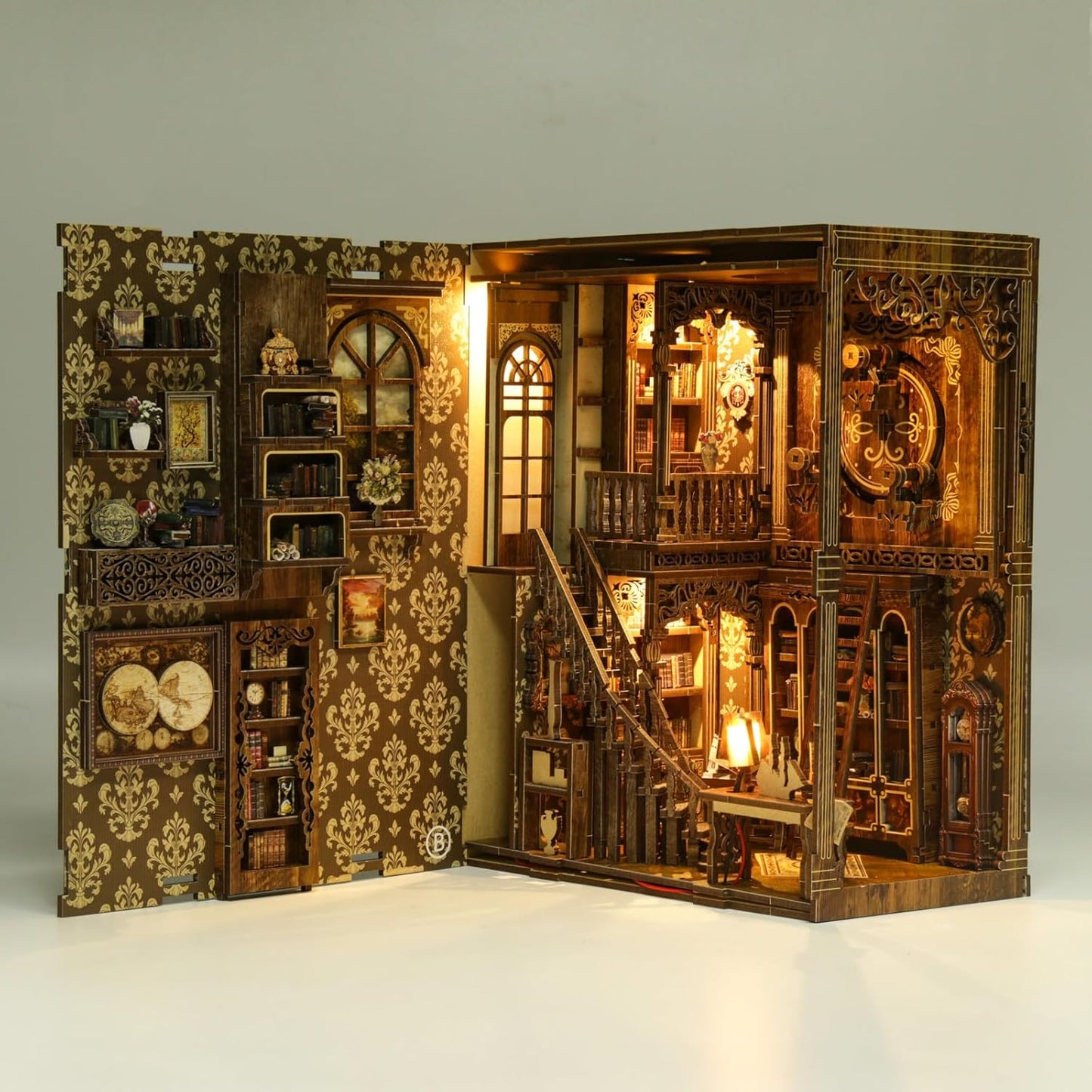 Book Nook Kit for Adult Miniature Model Build Dollhouse Kit 3D Wooden Puzzle with Sensor Led Light for Bookshelf Bookend Insert Decor Adults Teen Crafts(Classical Book Collection Room)