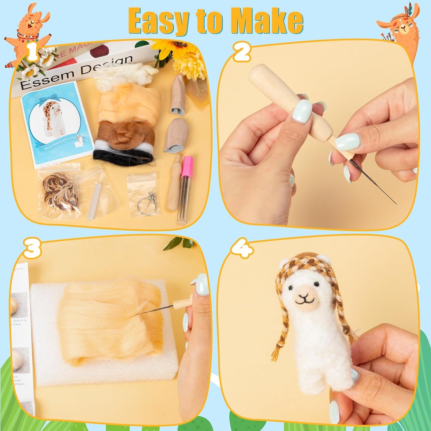 WATINC Needle Felting Kit - 3 Set Unique Different Cute Doll Wool Felt Needle Tools Foam Pad Instruction, DIY Home Decoration Craft Party Supplies for Art Work Starter Beginners (Alpaca)