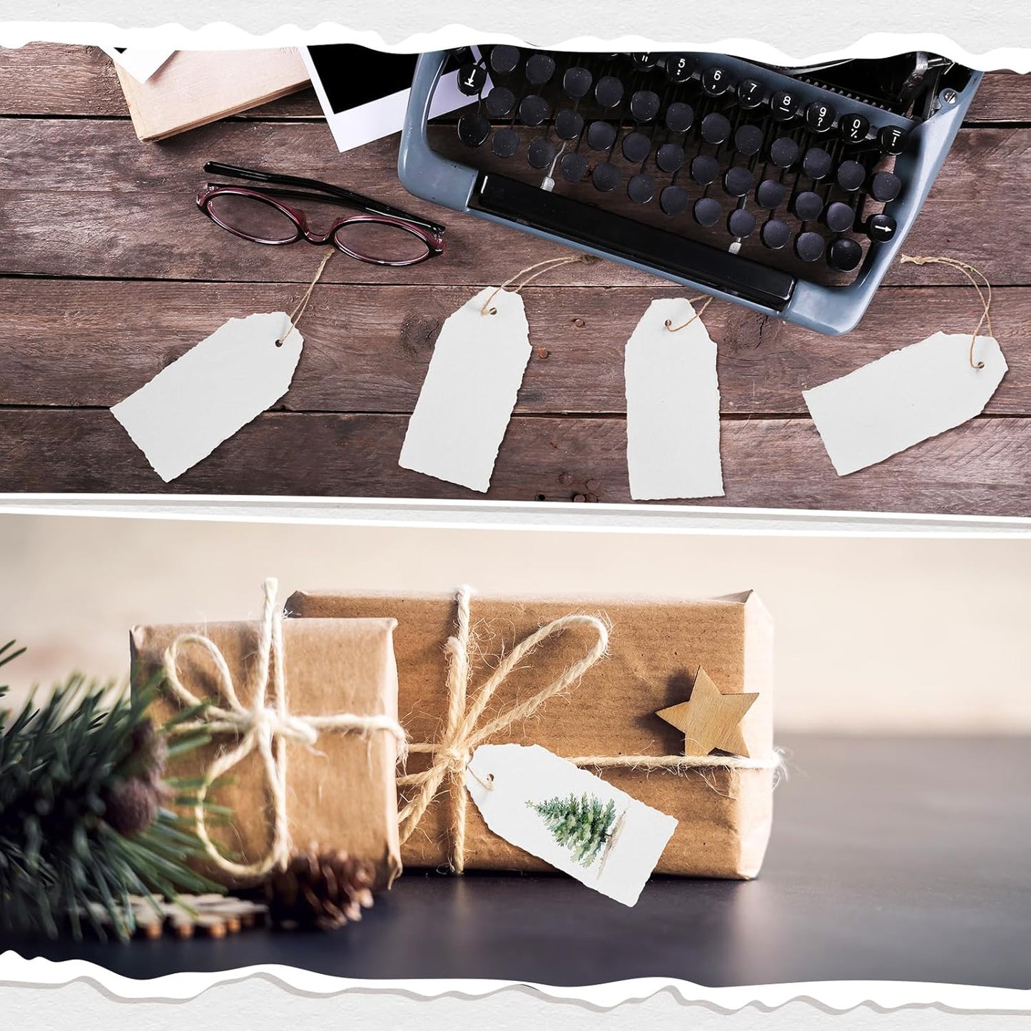 50 Pack Handmade Vintage Deckle Edge Tags with String 3.75 x 1.75 Thick 160 GSM Cotton Gift Tags with String Attached for Name Cards Place Cards Arts Crafts Gift(White)