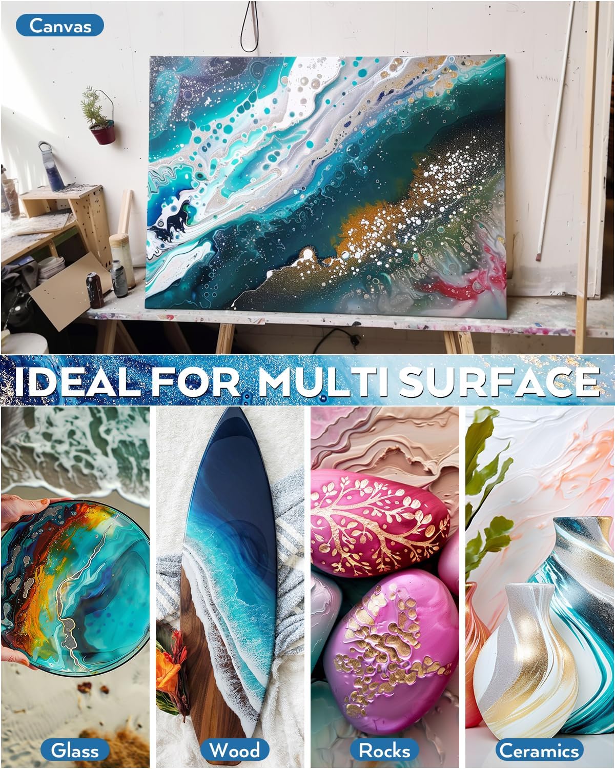 Nicpro 8 Colors 8.45oz Metallic Acrylic Pour Paint Supplies Kit, Large Volume Ready to Pour Premixed High Flow Pouring Paint Set with Silicone Pouring Oil, Gloves, Instructions for Beginner DIY