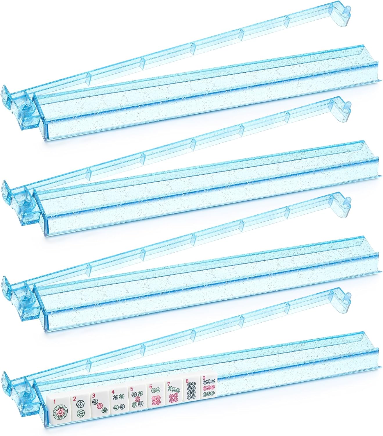 Mahjong Racks with Pushers Set of 4, Mahjong Tile Pushers and Racks, Acrylic Majiang Tile Holders Accessories (Bling Blue)