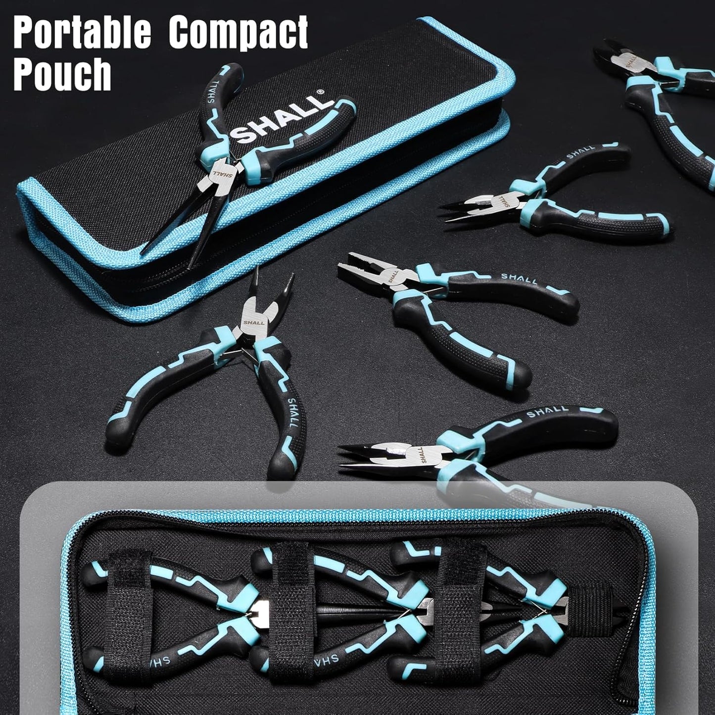 SHALL Mini Pliers Set, 6-Piece Small Pliers Tool Set Includes Needle Nose, Long Nose, Bent Nose, Diagonal, End Cutting and Linesman for Making Crafts, Electronic Repairing & Jewelry with Pouch