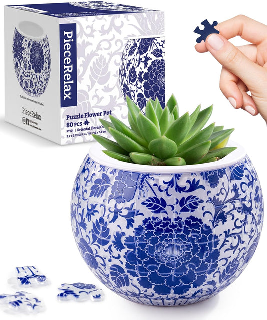 PieceRelax 3D Puzzle Planter - Oriental Floral Ornament - Small Round Plant Pots with Drainage, Home Decor Flower Pots for Indoor Cactus, Succulents Pots [K1101]