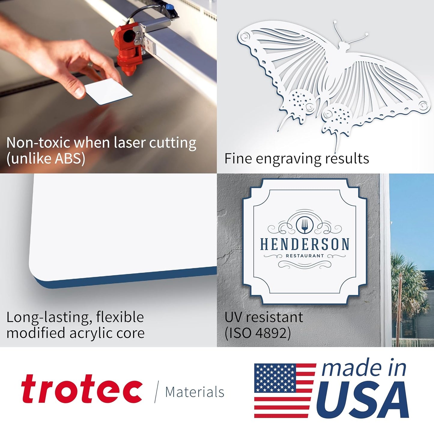 Trotec TroLase | 12"x12"x1/16", 8 Pcs | White/Blue| 2 Ply | Modified Acrylic | Laser Engraving Double Color Plastic Sheet | Engraving Blanks for Laser, Saw, Guillotine | Made in USA