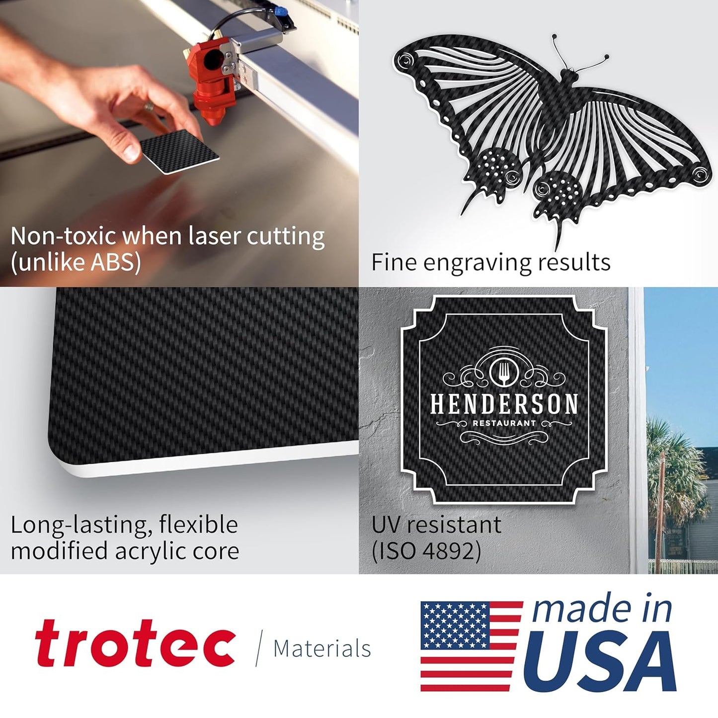 Trotec TroLase | 12"x12"x1/16", 8 Pcs | Carbon/White | 2 Ply | Modified Acrylic | Laser Engraving Double Color Plastic Sheet | Engraving Blanks for Laser, Saw, Guillotine | Made in USA