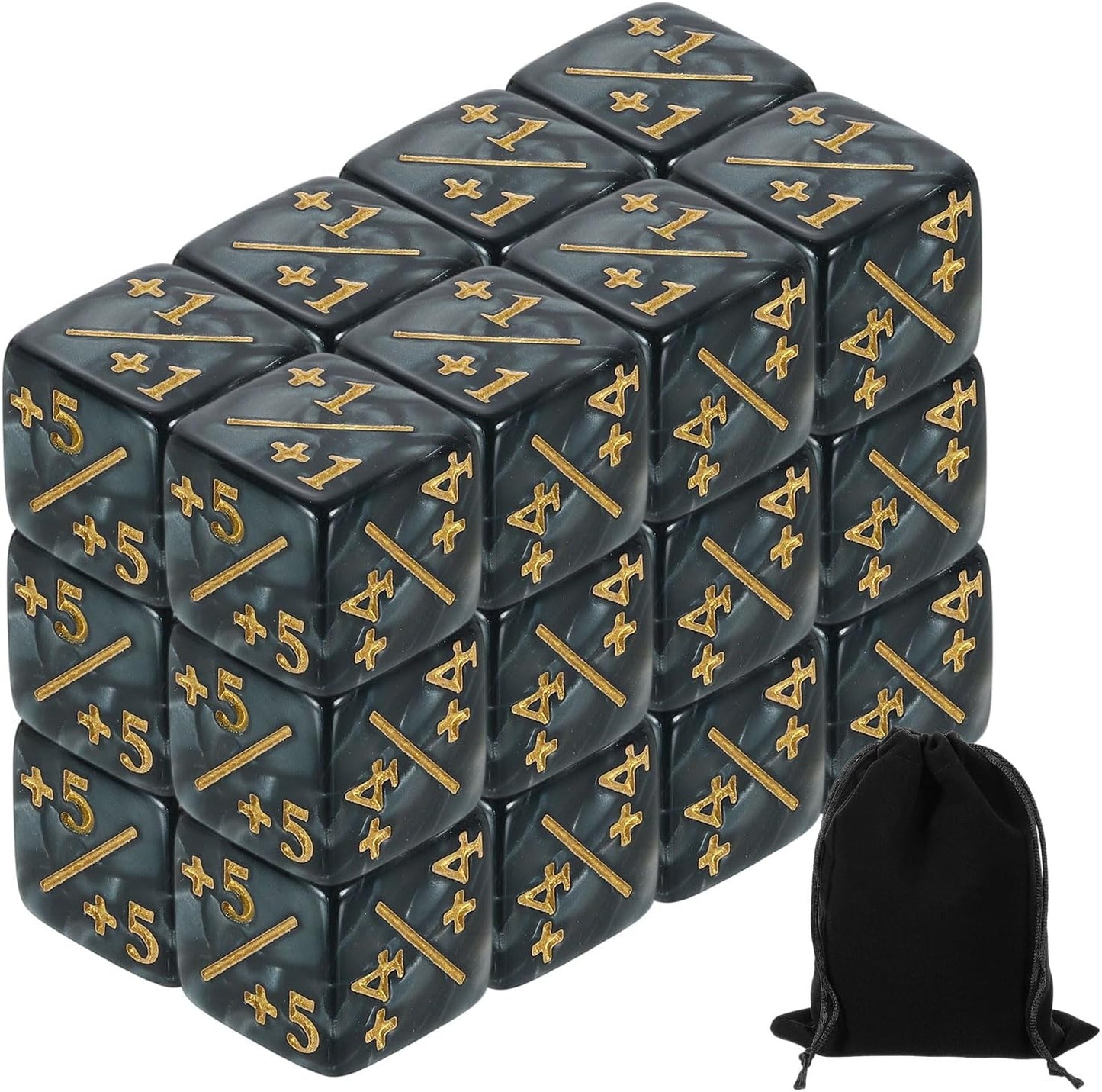 uxcell 24Pcs Magic Dice Counters, Acrylic D6 Life Token Dice Set with Pouch for Standard Cards Gaming Accessories, Black Marble