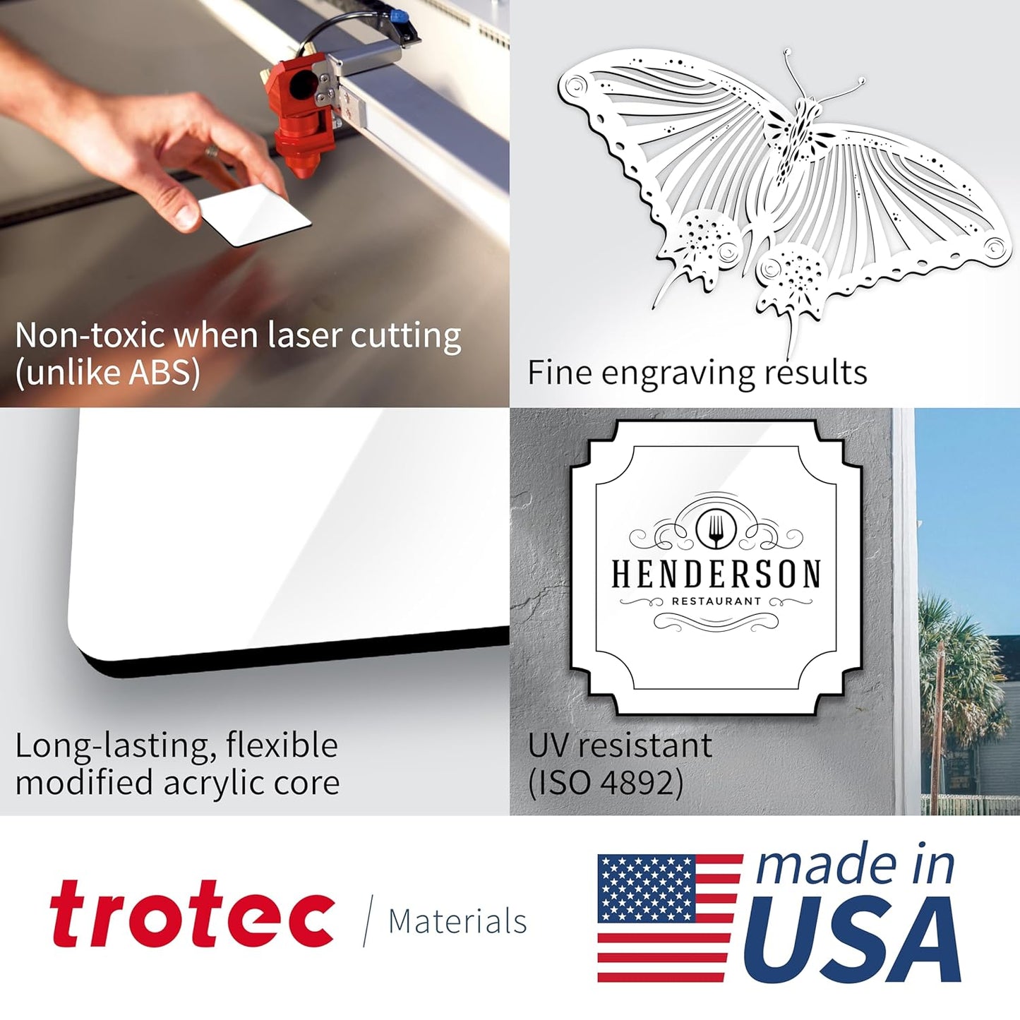 Trotec TroLase | 12"x24"x1/16", 4 Pcs | Gloss White/Black | 2 Ply | Modified Acrylic | Laser Engraving Double Color Plastic Sheet | Engraving Blanks for Laser, Saw, Guillotine | Made in USA