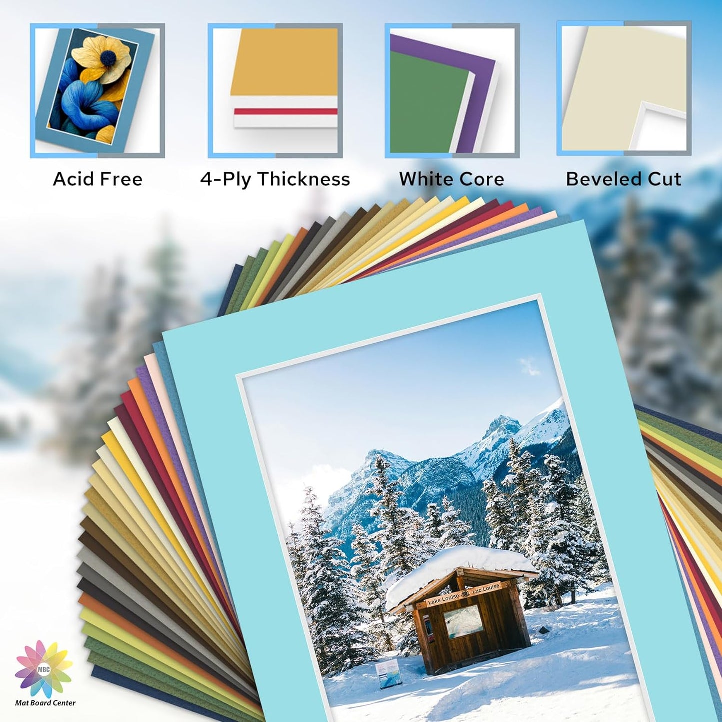Mat Board Center, Pack of 25, 5x7 for 4x6 Mix Color Mat Kit - Acid Free, 4-ply Thickness, White Core - Includes Backing Boards and Clear Bags - for Pictures, Photos, Framing