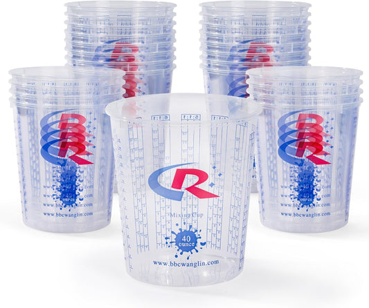 Paint Mixing Cup 40 Ounce, Accurate Measurements in Ratios and OZ. and ML, 100PCS Plastic Graduated Measuring Cups with 12PCS Lids for Paint, Resin, Epoxy, Acrylic, Pigments, Art