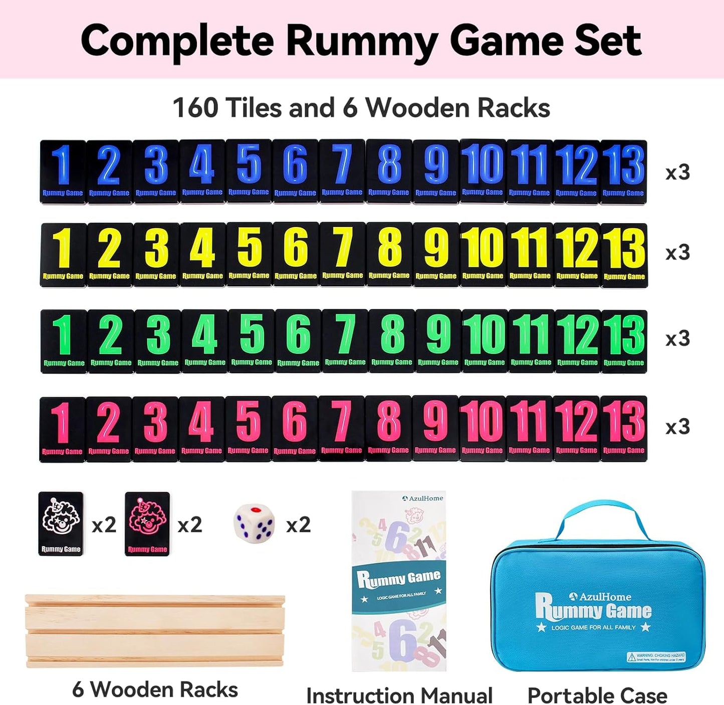 Rummy Cube 6 Player Edition with 6 Wooden Racks 160 Acrylic Tiles (1.5'') Rummy Game with Bag 6 Player Travel Size Rummy Game Large Number Rummy Tiles Game Set for Family Classic Board Games (Black)
