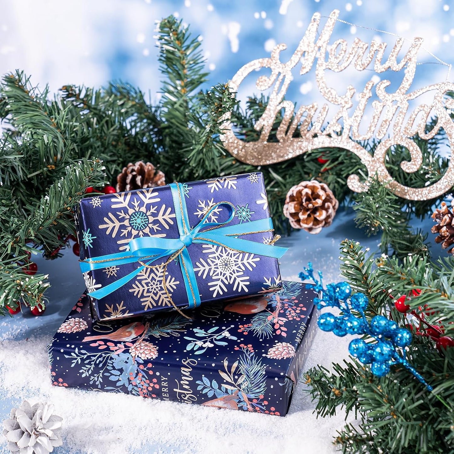 WRAPAHOLIC 30 Inch Christmas Wrapping Paper Roll - Jumbo Roll Drak Blue Bird, Christmas Garland and Snowflake Holiday Collection with Metallic Foil Shine - 4 Rolls - 30 Inch x 120 Inch Per Roll