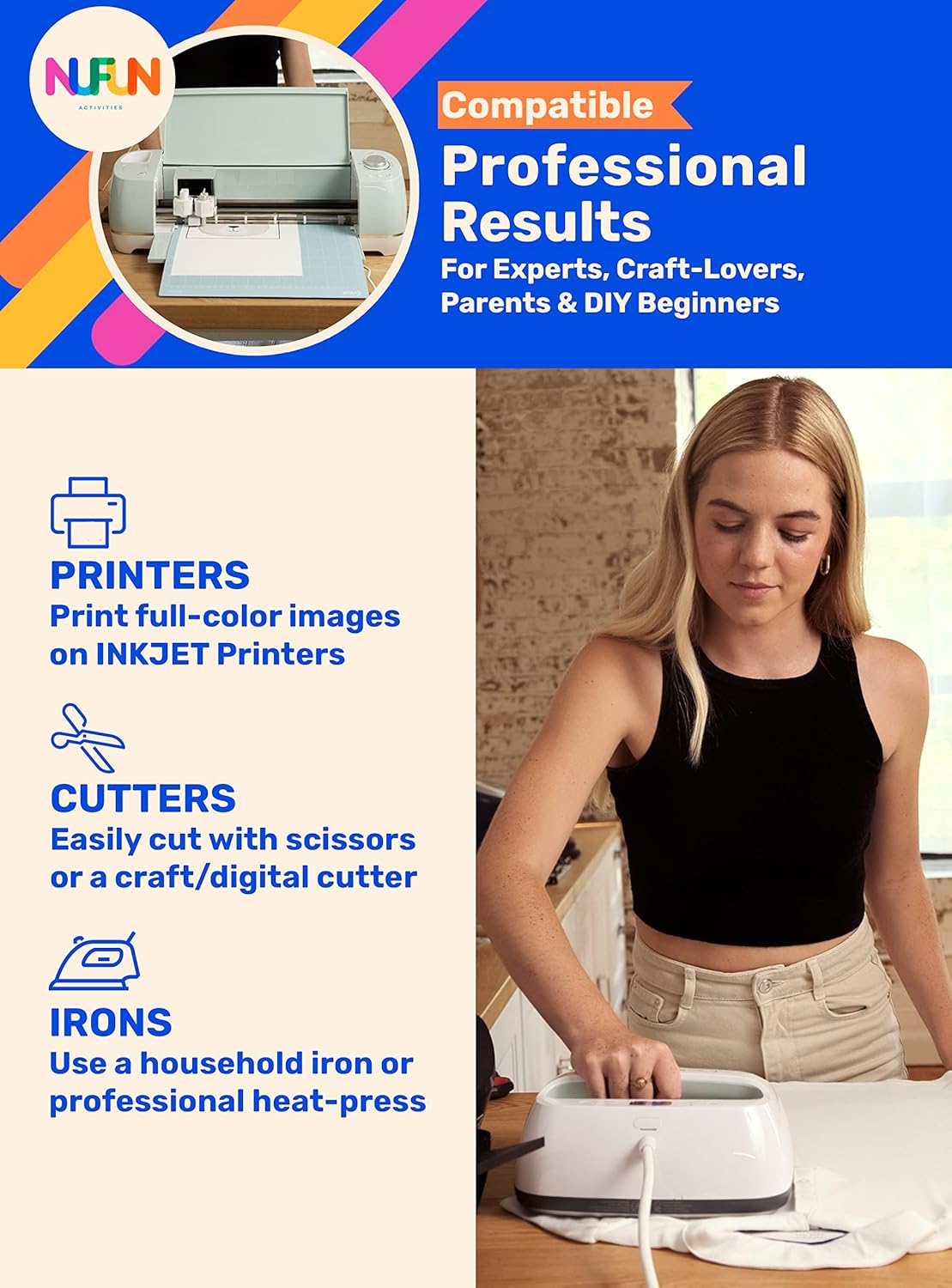 NuFun Activities Printable Iron-on Heat Transfer Paper for T Shirts, Light Fabrics, 25 Sheets 8.5 x 11 inch, Long Lasting, Durable, Professional Quality, Easy DIY, Non-Toxic, Made In the USA