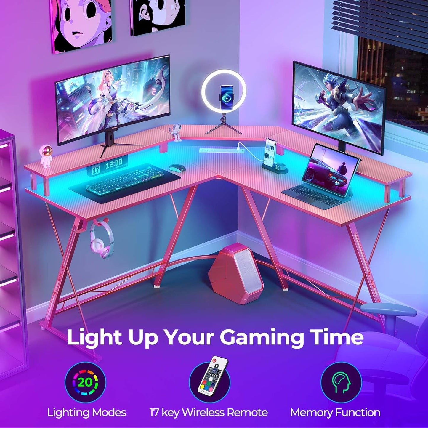 SEVEN WARRIOR Gaming Desk 50.4” with LED Light & Power Outlets, L-Shaped Gaming Desk Carbon Fiber Surface with Monitor Stand, Ergonomic Gamer Table with Headphone Hook, Pink